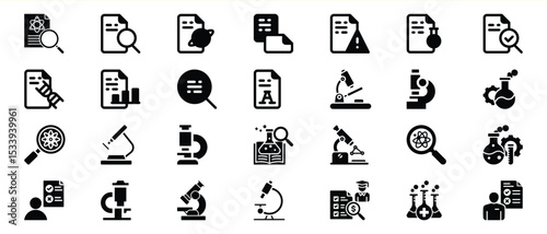 Black Science Research Icons Set Microscopes Documents Atom