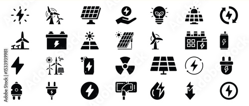 Black Renewable Energy Icons Set Solar Wind Power Battery 1