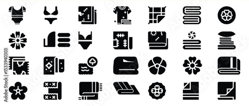 Black Textile Icons Set Fabric Clothing Towels Flowers 1