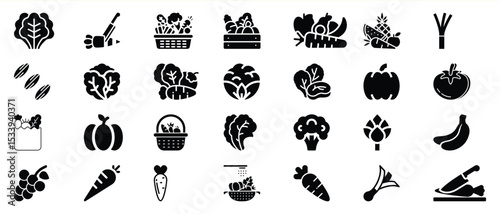 Black Vegetable Icons Set Farm Fresh Produce Graphics 1