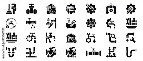 Plumbing Repair Icons Set Black Silhouette Water Pipes Faucet Wrench