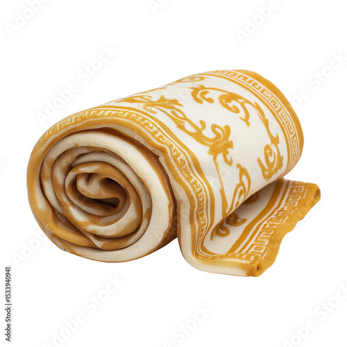 Elegant rolled scarf with intricate golden patterns on soft fabric showcasing luxury and sophistication in design Transparent background or png photo
