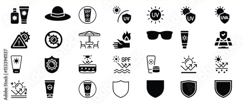 Sun Protection Icons Set Black Sunscreen S P F U V Protection Hat Sunglasses
