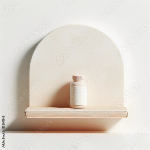 A clean, modern shelf showcases a plain white bottle against a light backdrop. The design highlights simplicity and elegance in home decor