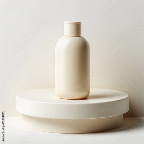 A simple, elegant skincare bottle stands on a round pedestal against a neutral background. The soft hues and smooth lines highlight modern design principles for beauty products