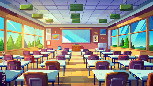 A calm, inspiring illustration of well lit spacious hall for lectures and presentations highlights symmetry and balance. The classroom with whiteboard indoor background invites focus, discussion, and 