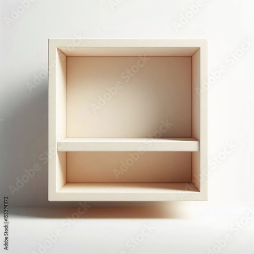 A minimalist square shelf is showcased against a light background. The clean lines and empty interior create a serene atmosphere, ideal for displaying decorative items or books