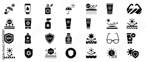 Sunscreen U V Protection Icons Black Glyphs Set uv protection