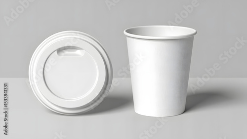 A pristine white paper coffee cup and lid sit sidebyside, isolated on white background