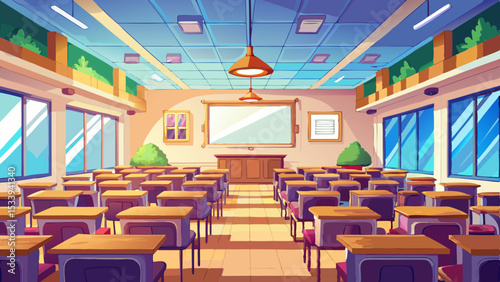A calm, inspiring illustration of well lit spacious hall for lectures and presentations highlights symmetry and balance. The classroom with whiteboard indoor background invites focus, discussion, and 