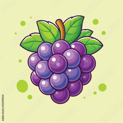 Cartoon illustration of a bunch of purple grapes with green leaves