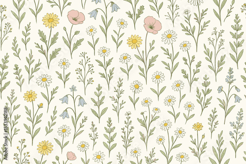 Wildflower meadow seamless pattern. Delicate hand drawn floral illustration with daisy, poppy, bluebell. Vintage botanical vector background for spring and summer. Cottagecore aesthetic.