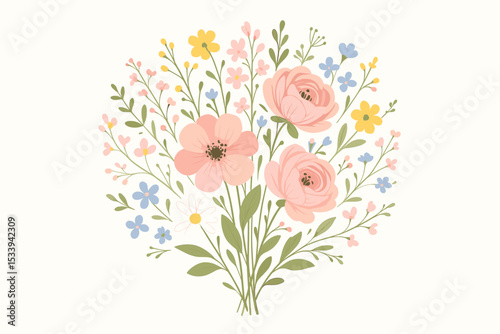 Romantic spring bouquet vector illustration. Hand drawn floral arrangement with cute pink roses, poppies, daisies. Botanical design element for wedding invitation, greeting card.