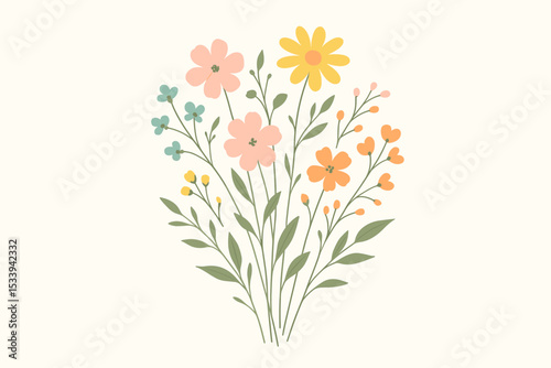 Wildflower bouquet vector illustration. Hand drawn pastel floral arrangement with meadow flowers. Botanical design for summer greeting card, wedding invitation, or decorative print.