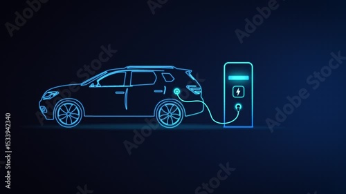Electric car charging battery with fast DC charger connected to the back. Charging pulse with glow. Futuristic design. Looped animation. Horizontal. 4k