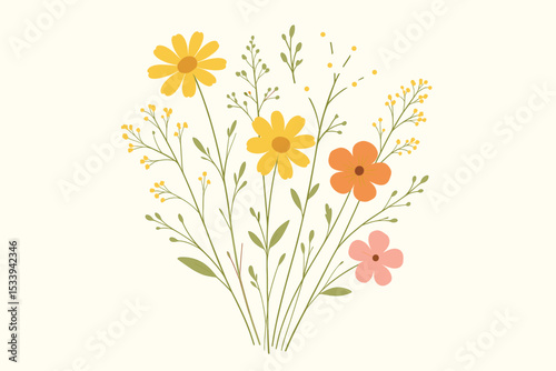 Summer wildflower bouquet illustration. Hand drawn floral arrangement with daisy and cosmos flowers. Botanical vector design for greeting card, wedding invitation or decorative background.