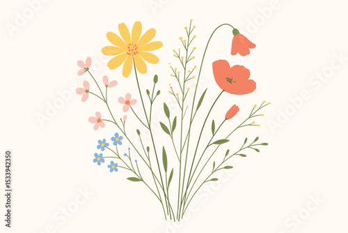 Wildflower bouquet illustration, hand-drawn floral arrangement with poppy, daisy, and meadow flowers. Delicate botanical vector art for summer, spring, invitations, and cards.