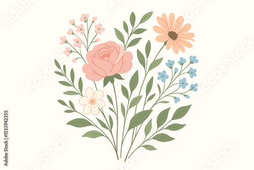 Romantic spring bouquet with pink rose, gerbera daisy, and forget-me-nots. Hand drawn floral illustration in pastel colors. Botanical vector design for wedding invitation or greeting card.