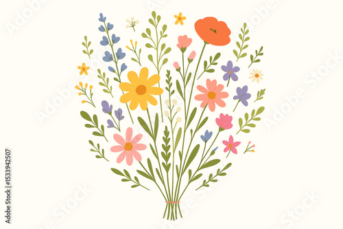 Hand drawn wildflower bouquet vector illustration. Cute colorful meadow flowers in folk art style. Summer floral arrangement for greeting card, poster or invitation. Botanical design.