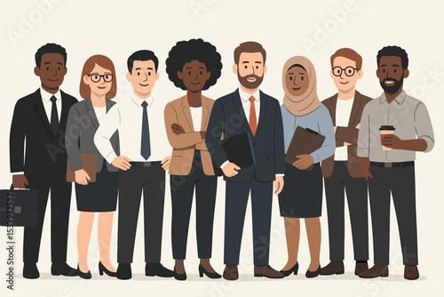Diverse group of business people standing together in unity. Multicultural professional team concept for corporate workforce, inclusion, equality, and collaboration vector.