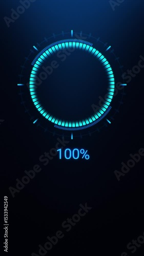 Futuristic power level animation template. Round neon indicator with scale. Percentages from 0 to 100. Vertical. 4k