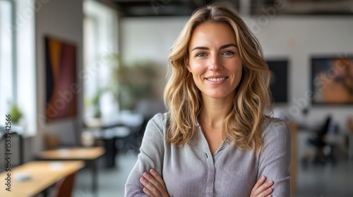 Free Download Empowering professional woman smiling in modern office space business environment portrait photography - GFXLoad