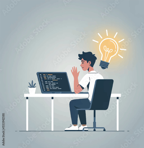 Creative professional having an idea while working on laptop: innovation, problem-solving, and digital solutions

