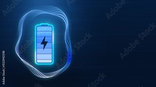 Futuristic animation of neon battery charging icon with lightning icon and energy waves around the battery. Fast battery charging on dark blue background with particle flow. Horizontal. 4k