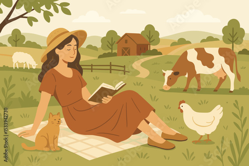 Idyllic country retreat with a woman reading a book on a blanket in a summer meadow. Peaceful farm landscape with barn, cow, cat, sheep. Concept of slow living and relaxation.