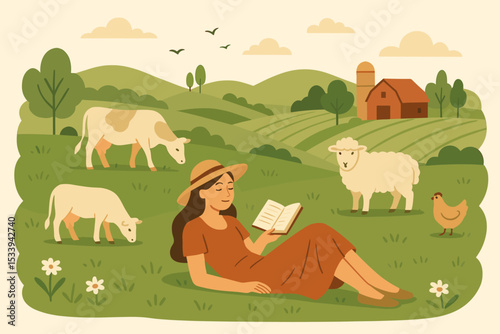 Woman reading a book in a peaceful country landscape. Girl relaxing on a summer meadow with farm animals. Rural lifestyle, slow living concept. Pastoral farm scene vector.