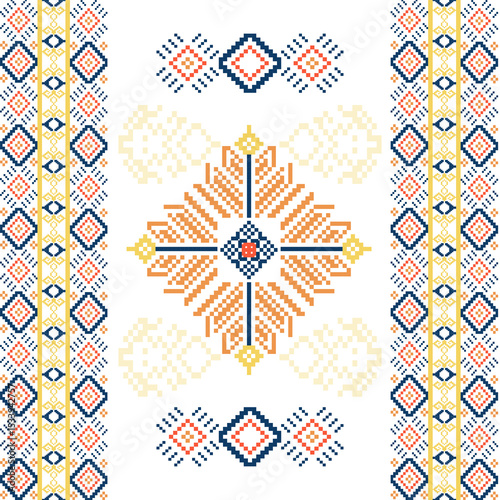 Yellow and blue Ukrainian national pattern. Seamless pattern for embroidery. Cross-stitch pattern. Pixel seamless pattern. Vector illustration. Design for backgrounds, textiles, and elaborate borders.