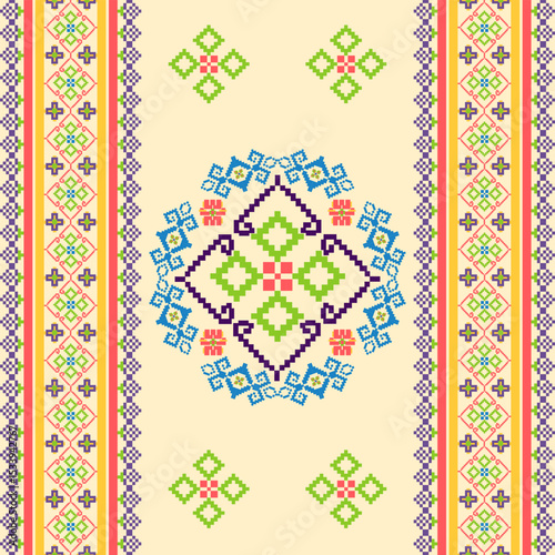 Colorful Ukrainian embroidery national pattern. Seamless pattern for embroidery. Cross-stitch pattern. Pixel seamless pattern. Vector illustration. Design for background and elaborate borders and text