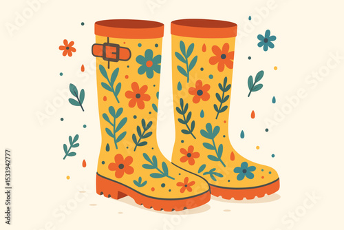 Cute yellow rain boots with floral pattern. Vector illustration of wellington boots for spring or autumn weather. Whimsical waterproof footwear for gardening or walking in the rain.