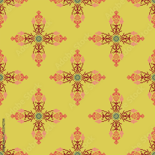 Pixel flower ethnic boho seamless pattern. Cross-stitch pattern. Traditional ornament. Tribal pattern. Folk motif. Ideas for wallpaper, textiles, wrapping, and web page backgrounds.