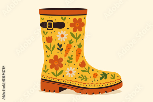Yellow rain boot with a cute floral and carrot pattern. Vector illustration of a gardening wellington boot. Springtime farm footwear concept for rainy days. Whimsical retro design.