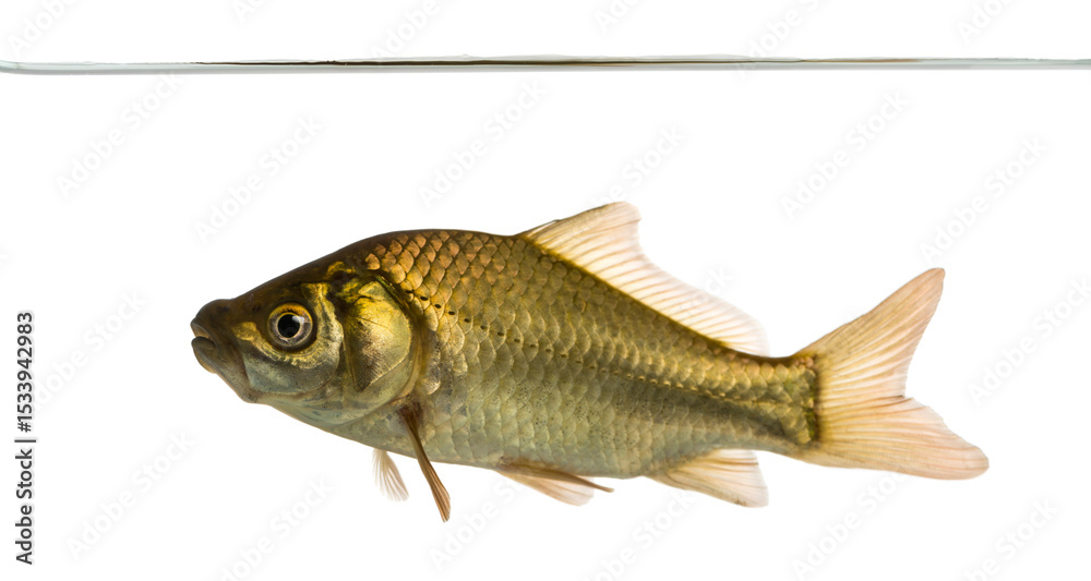 Fototapeta premium Crucian carp swimming under water line, Carassius carassius, isolated on white