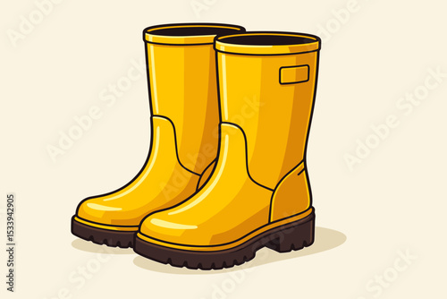 Yellow rain boots illustration. Pair of waterproof rubber wellingtons for autumn weather. Protective footwear for rain, puddles, and gardening. Vector icon isolated on white background.