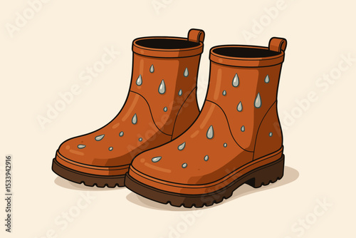 Rain boots vector illustration. Pair of orange waterproof wellingtons with raindrops. Concept of autumn weather, walking in the rain, gardening. Trendy rubber gumboots icon.