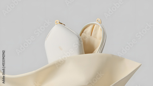 A pristine offwhite leather cosmetic bag, partially open to reveal a soft cream interior, rests elegantly on a creamy fabric, isolated on white background