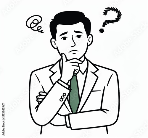 Pensive businessman with question marks: contemplating, problem-solving, and decision-making in business

