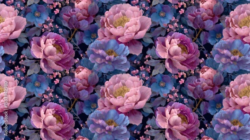 Seamless pattern with delicate pink and blue peony flowers on dark background. Floral design for fabric, textile, wallpaper, printing, spring, summer.