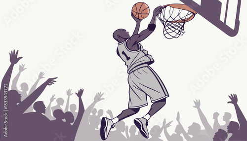 African American National Basketball Superstar Player Scoring a Powerful Slam Dunk Goal with Both Hands In Front Of Cheering Audience Of Fans. Cinematic Sports Shot with Back View Action     