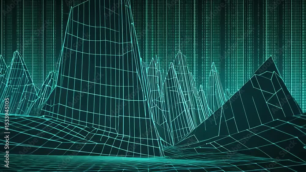 Abstract green wireframe landscape with binary code background.