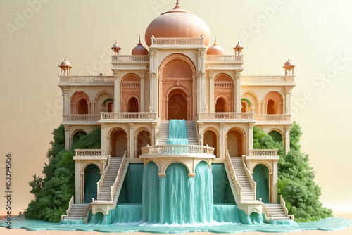 Ancient European architecture with a central fountain in front of a historic palace in Seville, Spain
