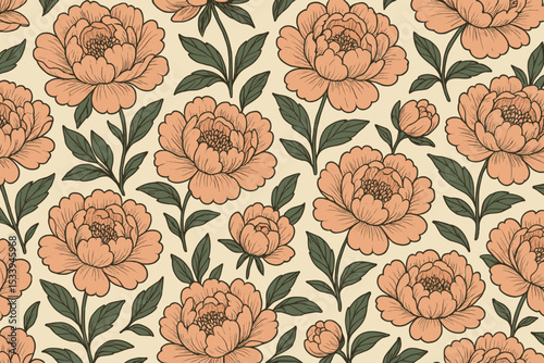 Retro floral seamless pattern with peach peony flowers. Vintage 70s botanical illustration. Groovy flower background for fabric, wallpaper, or textile print. Hand-drawn style vector.