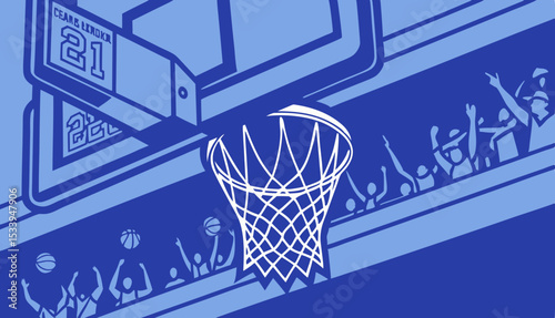             Close-up shot of basketball hoop under intense blue lighting, set against vibrant stadium filled with cheering fans during an energetic game.             