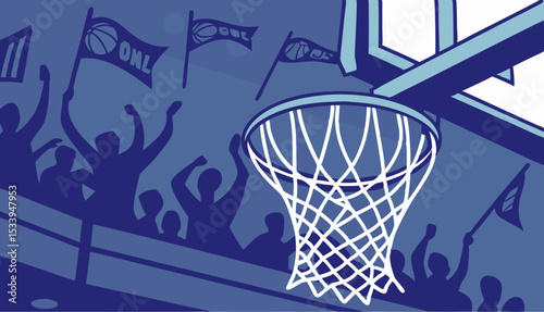            Close-up shot of basketball hoop under intense blue lighting, set against vibrant stadium filled with cheering fans during an energetic game.             