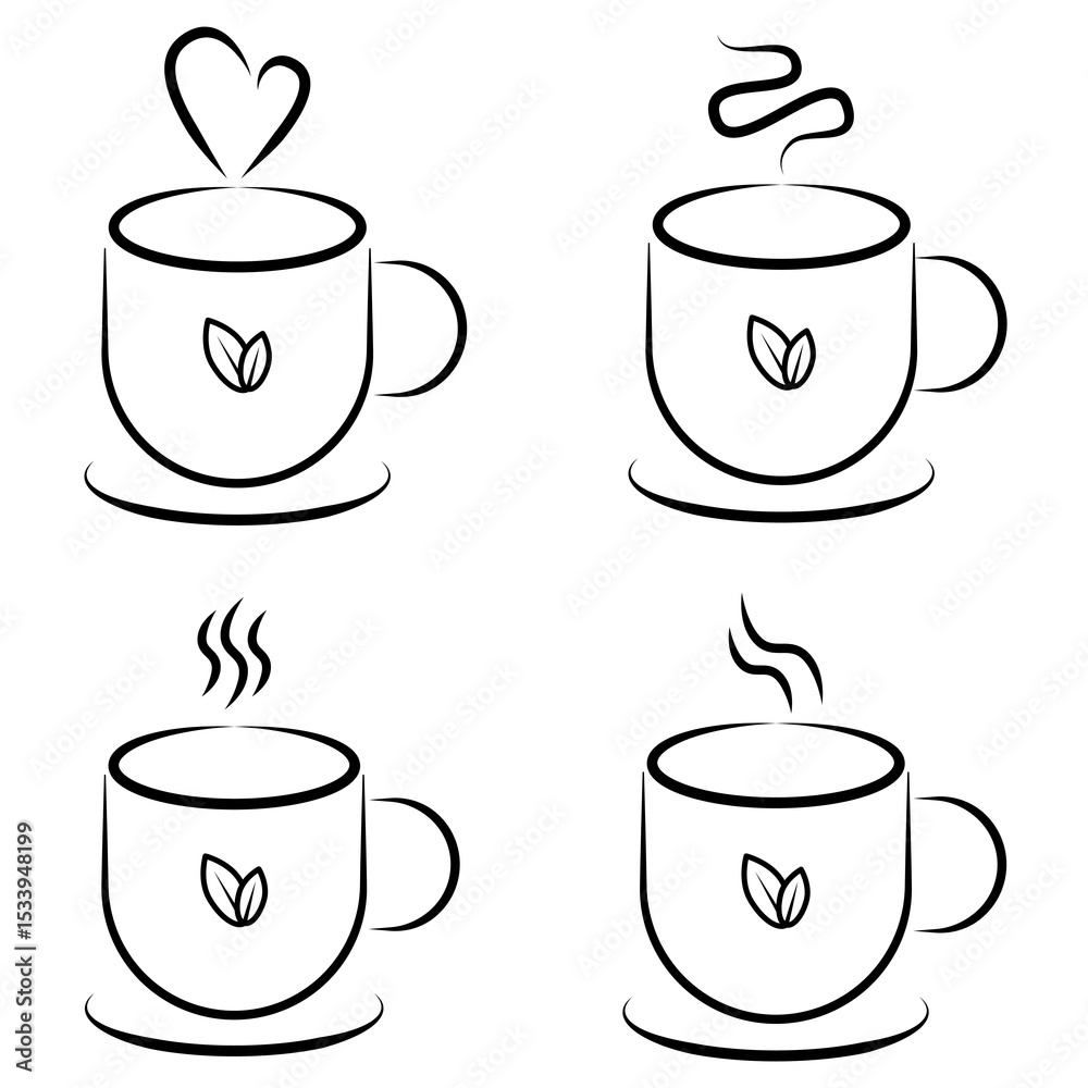 Obraz premium Herbal Tea Cup Minimalist Icon set. Clean and elegant line art vector icon of a steaming mug with a leaf detail, representing hot beverages, healthy living, and relaxation. Ideal for logos, web design