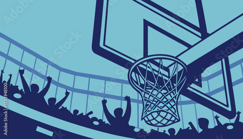             Close-up shot of basketball hoop under intense blue lighting, set against vibrant stadium filled with cheering fans during an energetic game.             