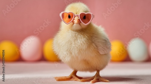 Easter chick wearing heart-shaped sunglasses on pastel white backdrop, cute spring holiday, playful trend
